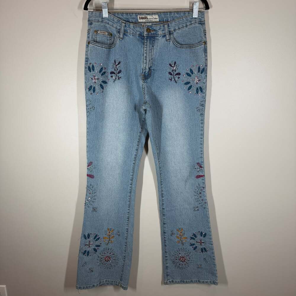 Daniel Original Design Y2K Embroidered Beaded Flare Jeans Size 13 14 Juniors